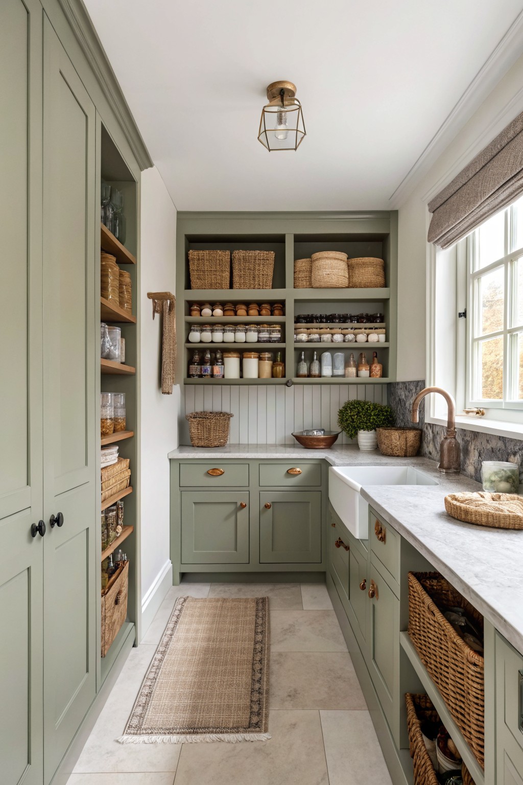 Sage green pantry with open shelves, woven baskets, jars, and marble counters.