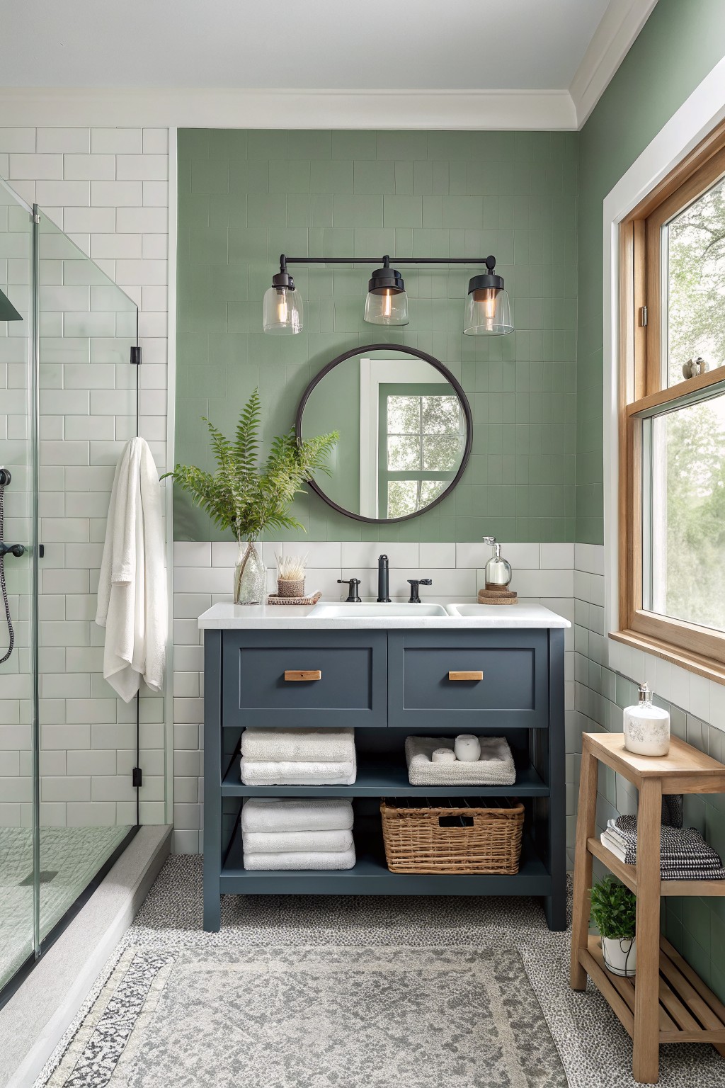 A bathroom featuring soft sage green walls above white subway tile.