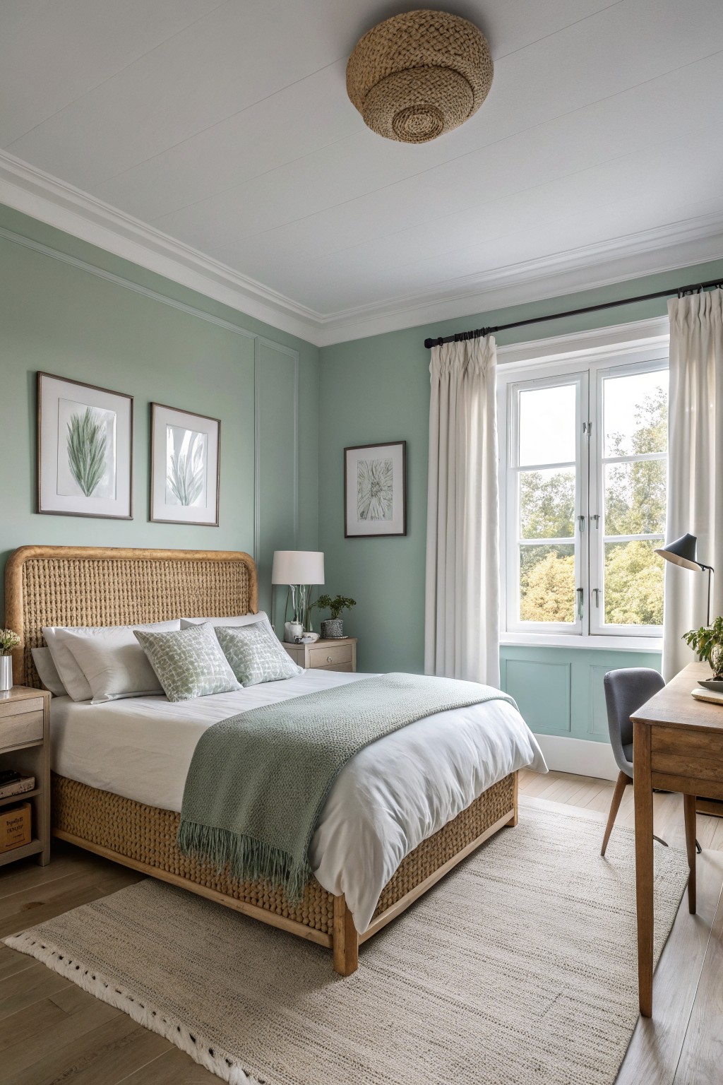 A bedroom with soft sage green walls and natural wood furniture.