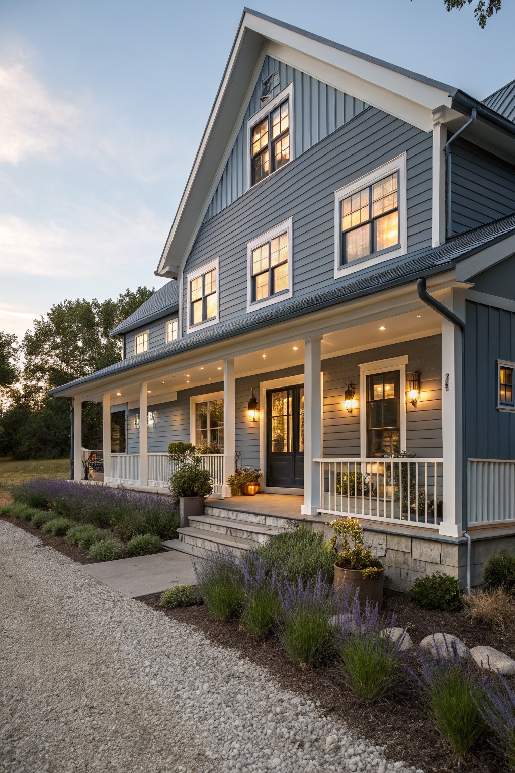 Blue gray siding on a house with white trim.