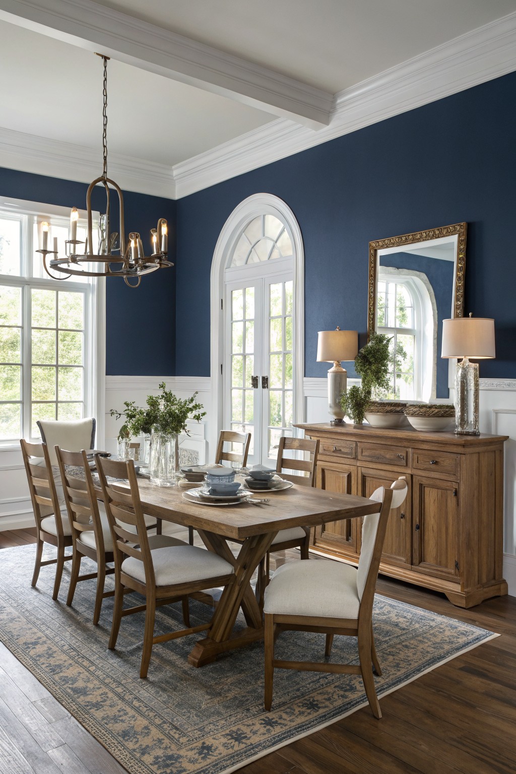 A dining room with deep navy blue walls, white trim, and a wooden table.