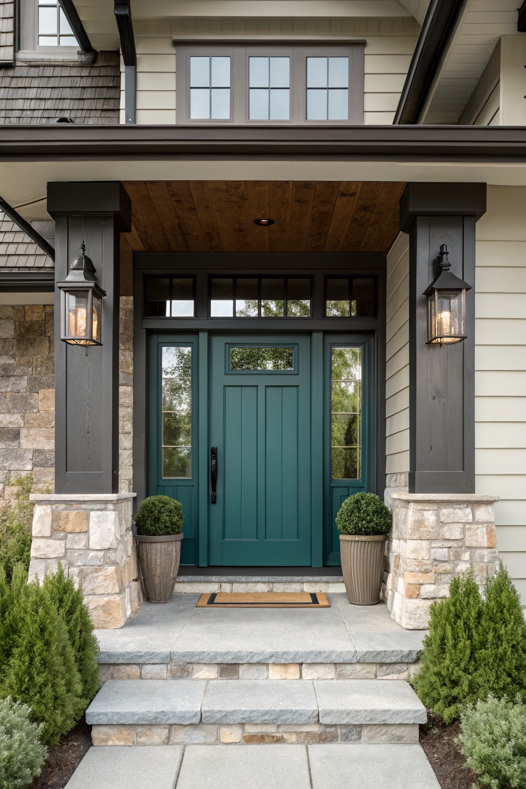 Teal paneled door with sidelights between stone pillars with lanterns on porch steps.