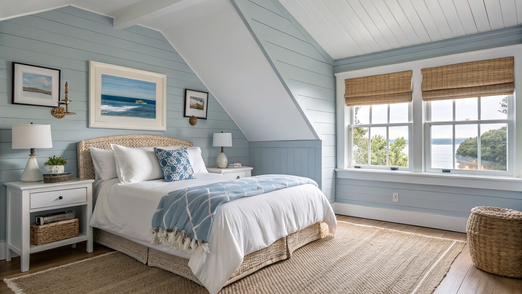 A bedroom with soft blue walls, white trim, and a wooden bed frame.