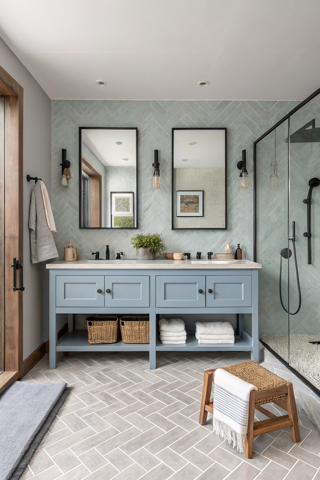 A bathroom vanity painted in a soft blue gray color.