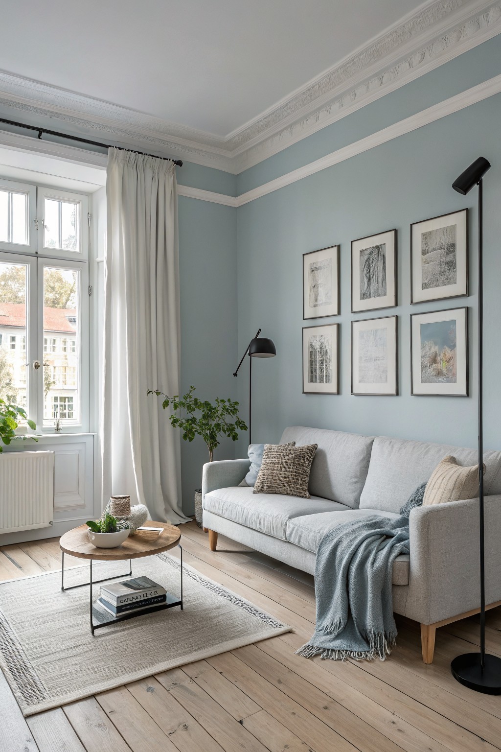 Light blue gray walls in a living room with a gray sofa and wood floors.