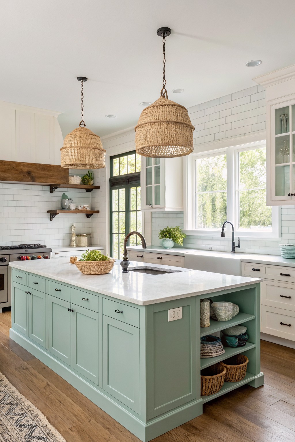 A kitchen island painted in soft blue green with open shelving below.