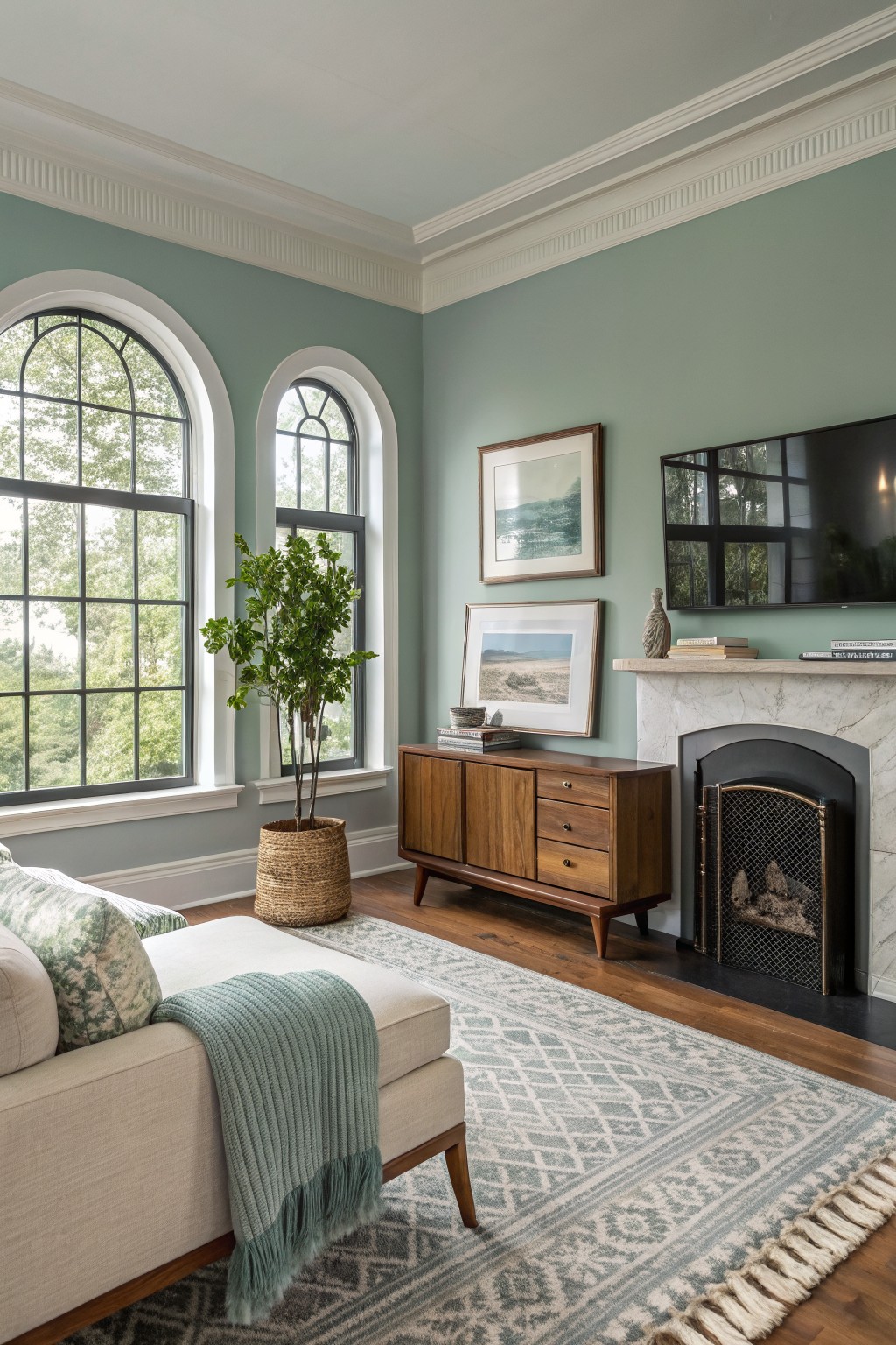 Living room walls painted in a soft blue-green color with white trim and arched windows.
