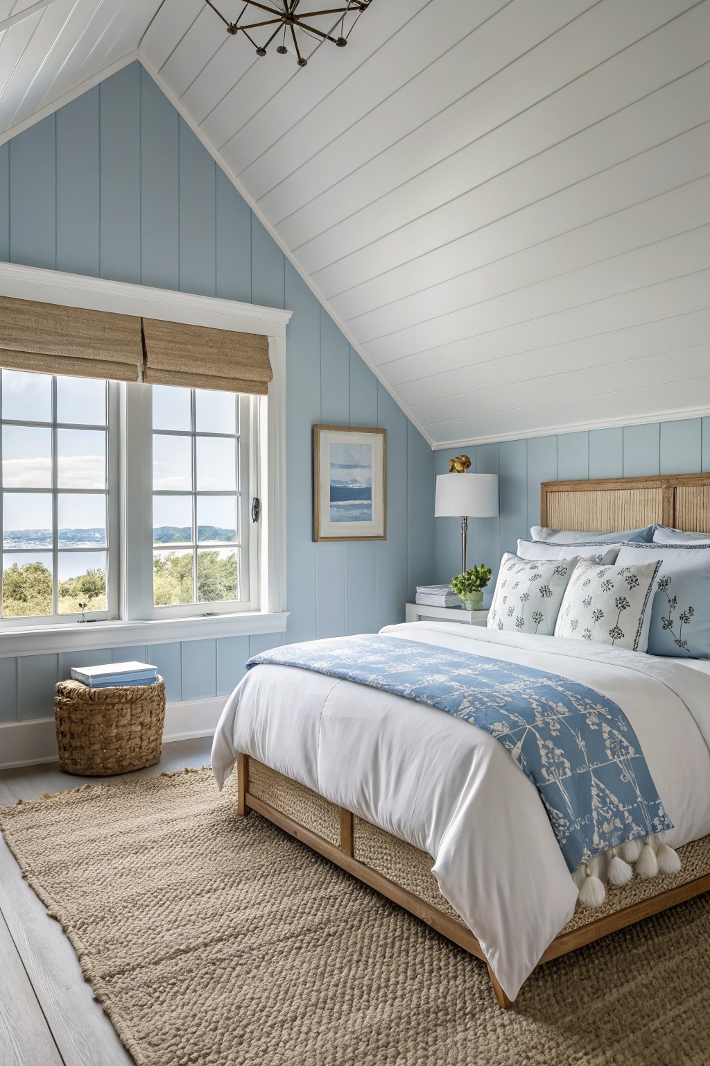 A bedroom with soft blue walls, white trim, and a wooden bed frame.