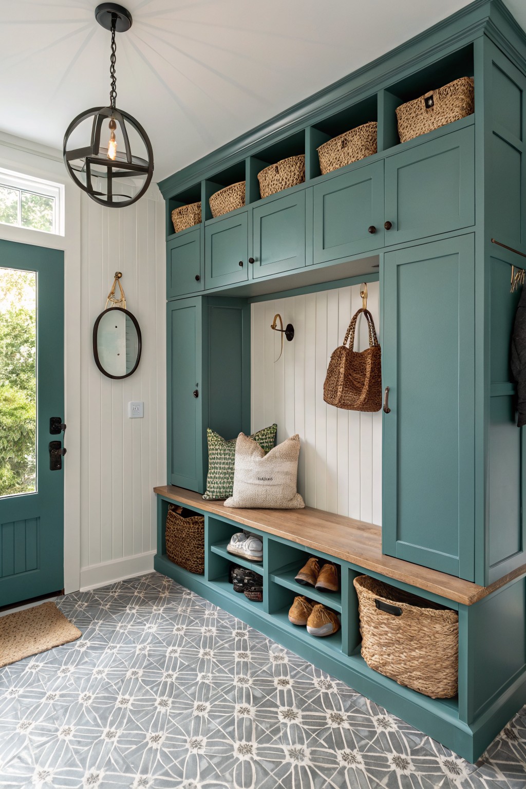 Teal built-in mudroom bench with cubbies, baskets, shoes, and patterned tile floor.