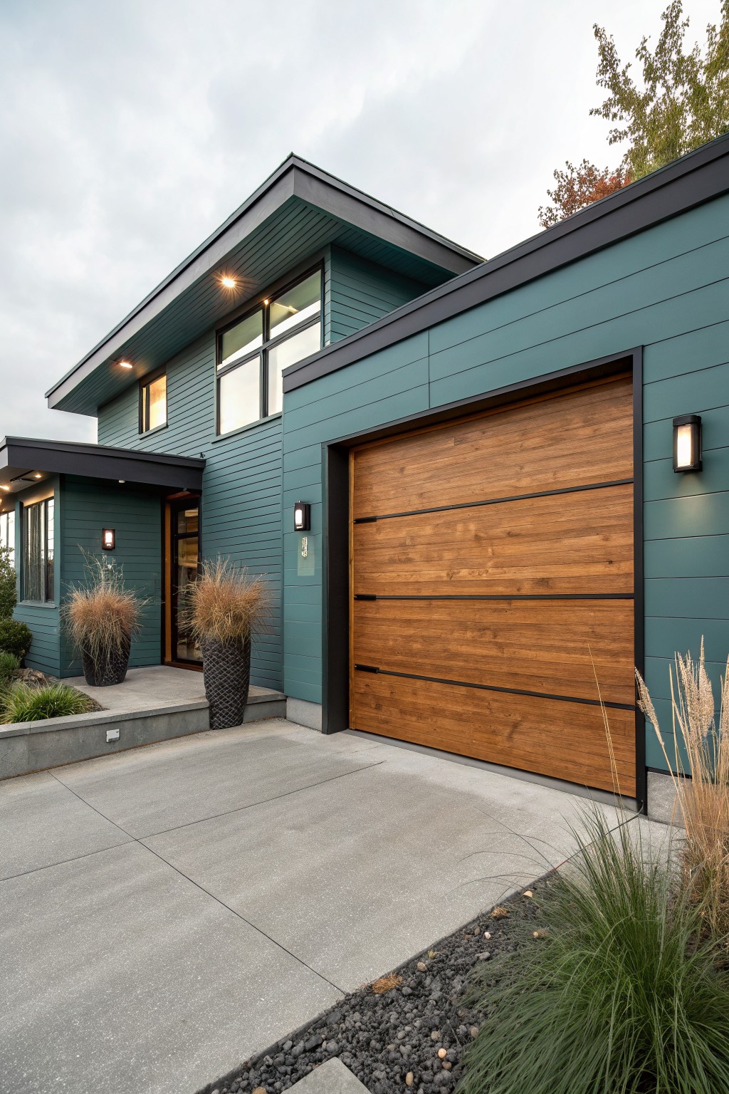 A modern house exterior painted in teal blue siding with a wooden garage door.