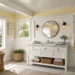 Yellow-walled bathroom with white marble vanity, rope-framed oval mirror, and wicker baskets.