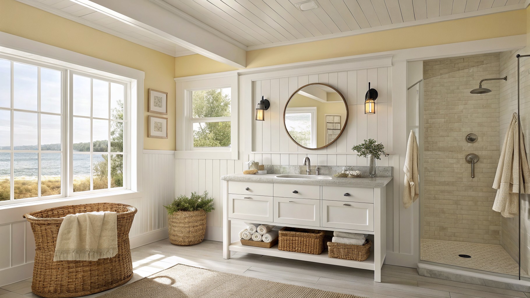 Yellow-walled bathroom with white marble vanity, rope-framed oval mirror, and wicker baskets.
