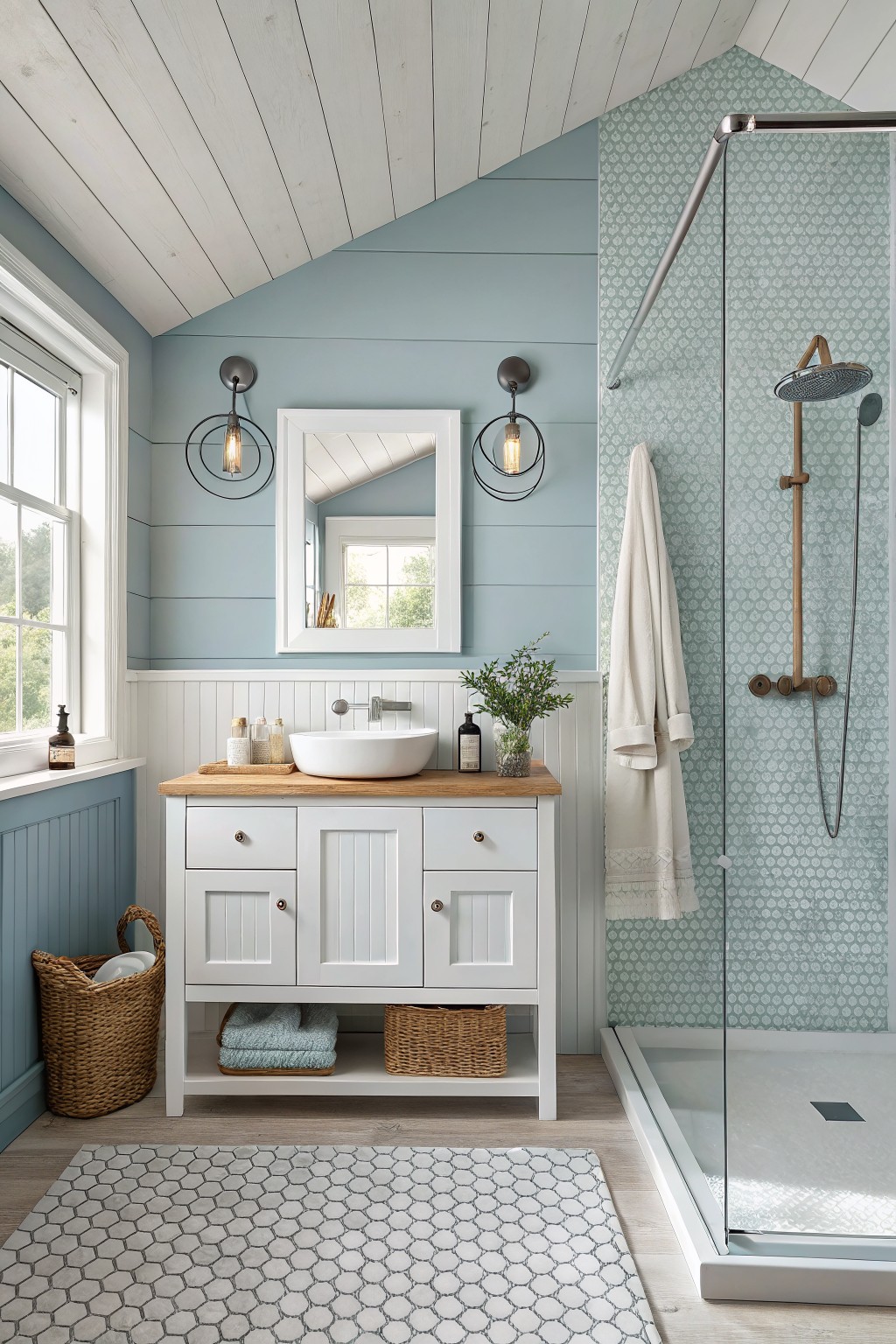 Bright bathroom with light blue walls, white vanity, vessel sink, and glass shower.