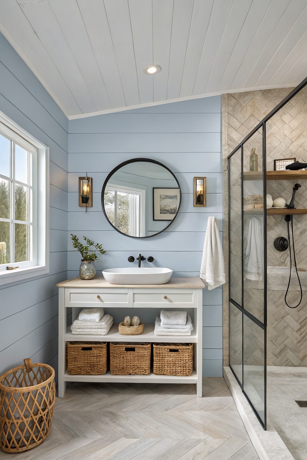Light blue gray walls in a bathroom with a white vanity and round mirror.