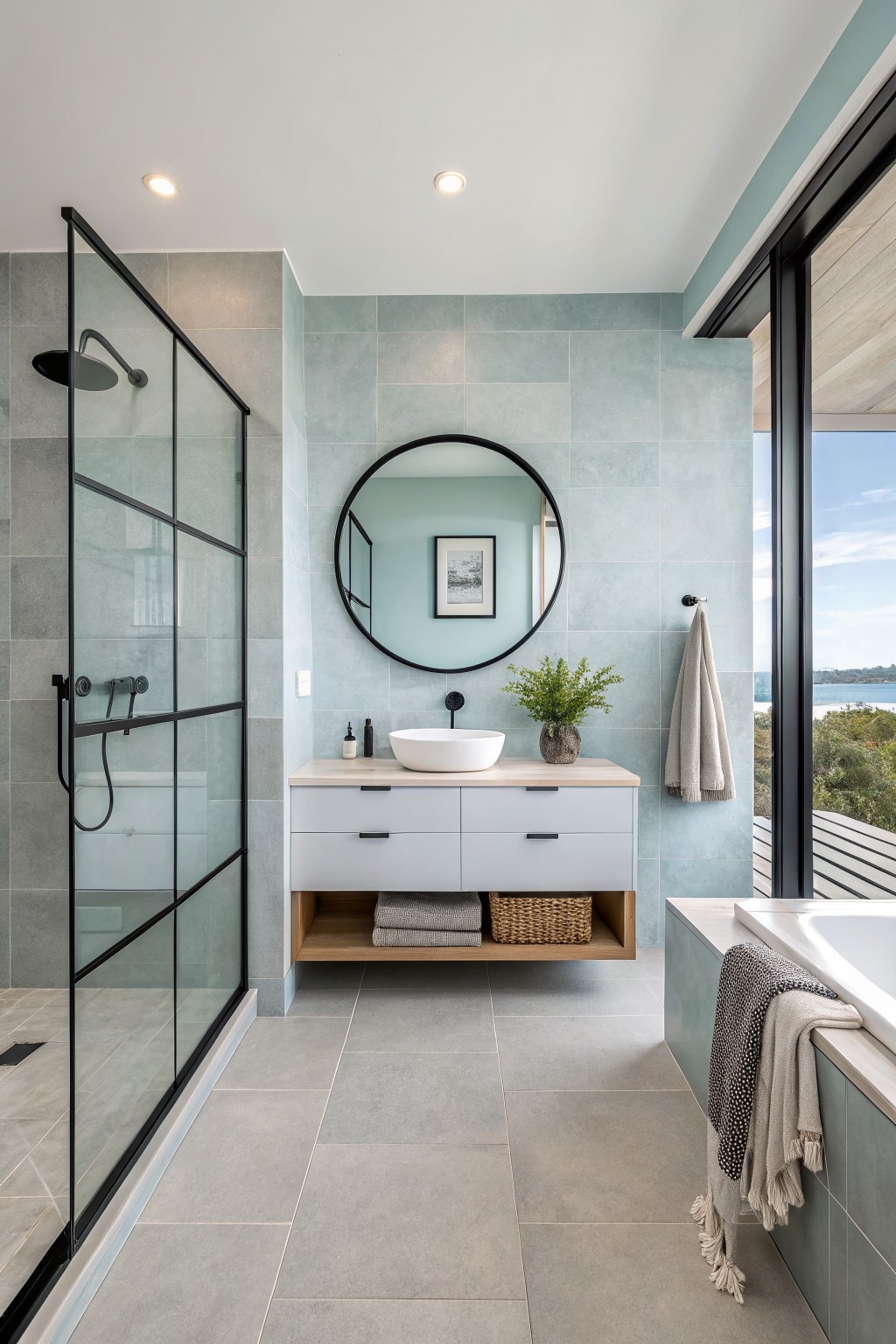 Bathroom with soft blue green tiled walls and a floating light wood vanity.