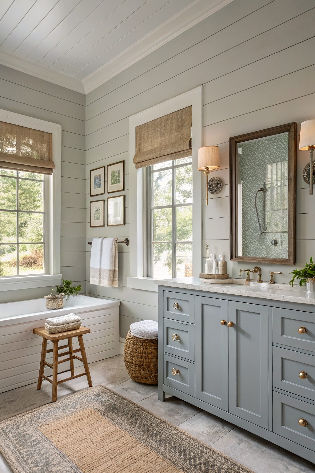 Gray bathroom vanity, white tub, woven rug, and large mirror with windows.