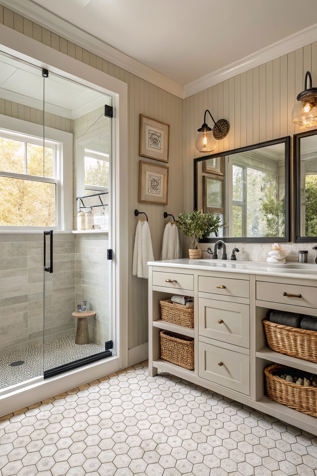 Bathroom with soft greige walls and white vanity.