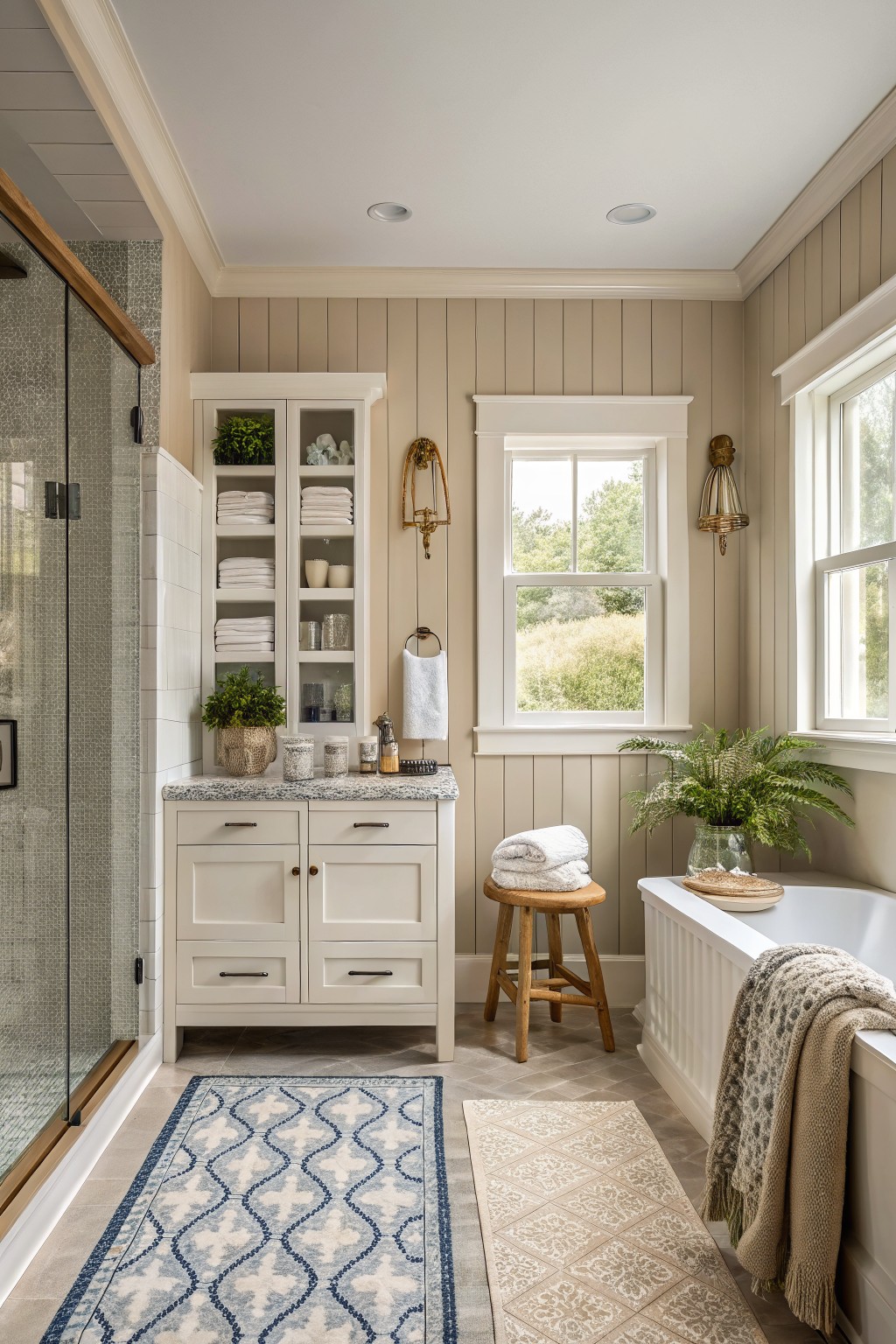 A bathroom with soft greige walls and white trim.