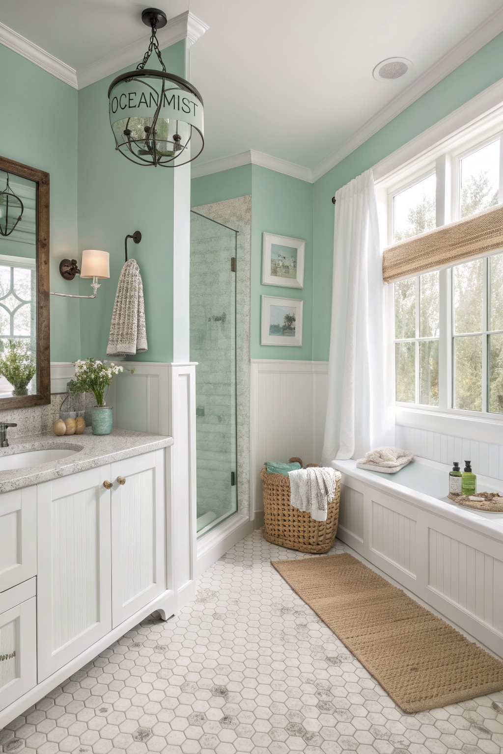 Bathroom walls painted a soft mint green with white wainscoting and trim.