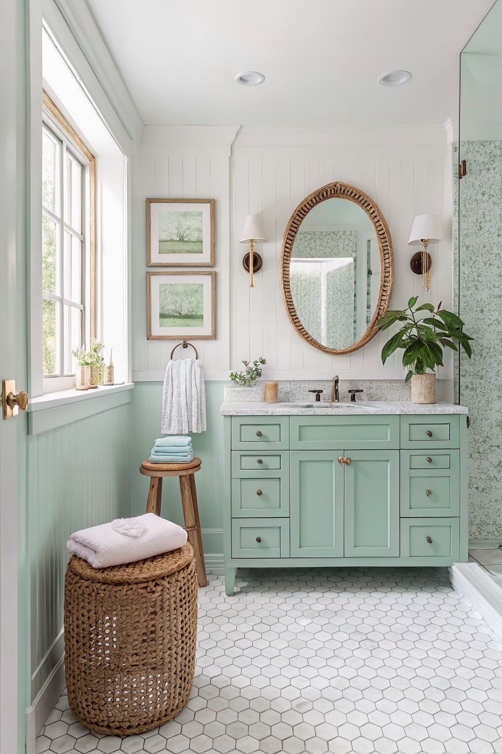 Bathroom with soft mint green walls and matching vanity.