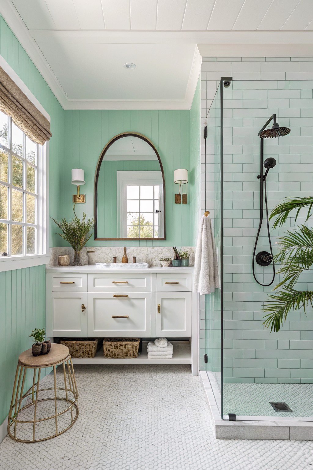 Bathroom walls painted in a soft mint green with white vanity and tile.