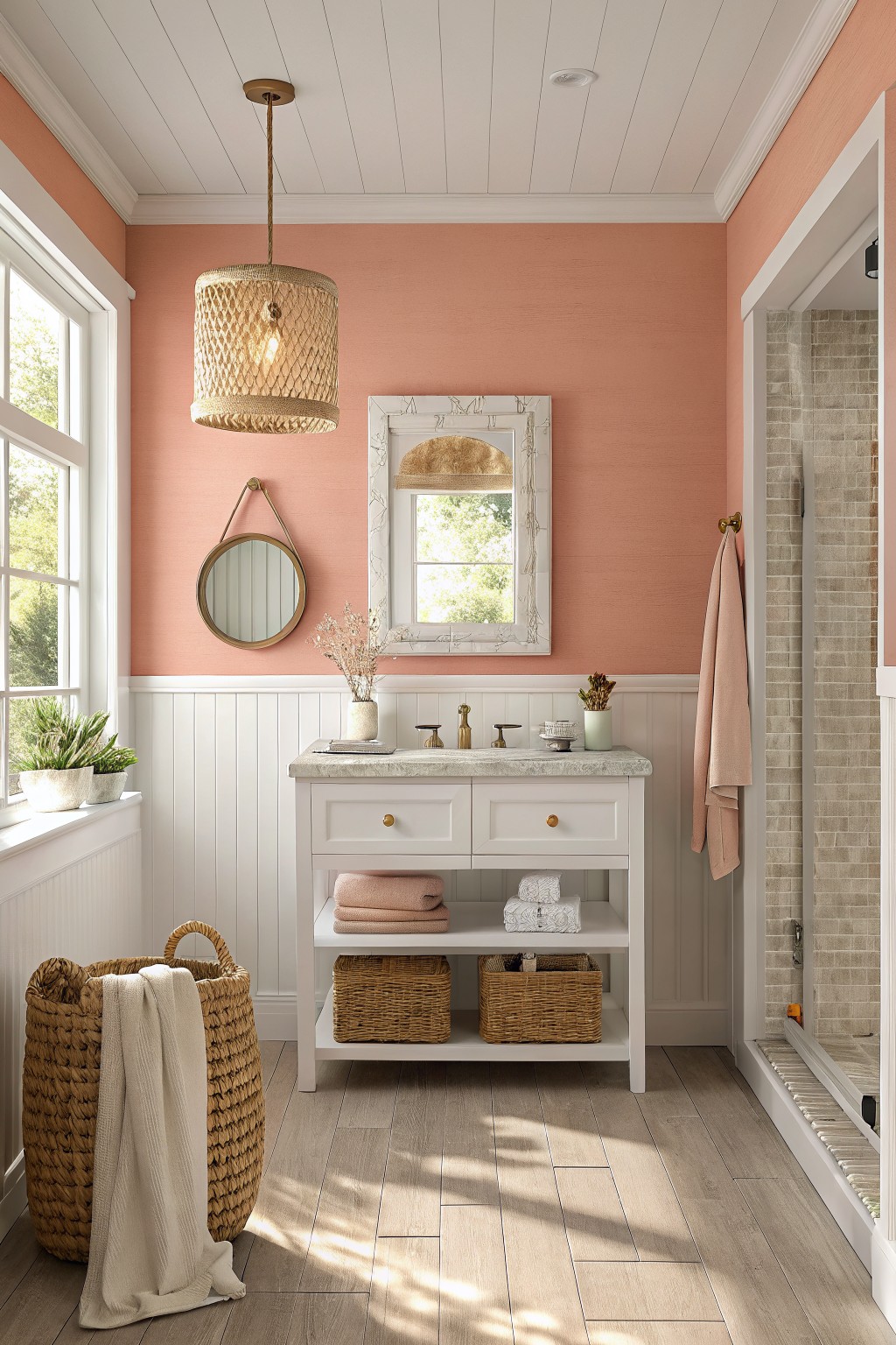 A bathroom featuring soft peach walls above white wainscoting.