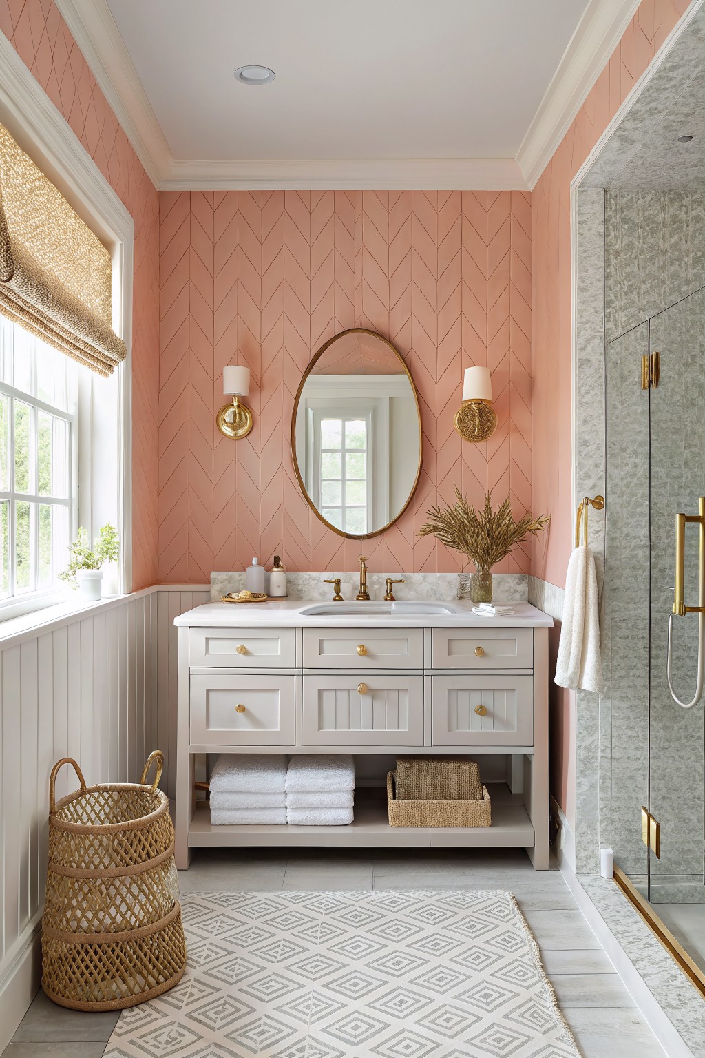 Pink herringbone bathroom with white vanity, gold oval mirror, and patterned rug.