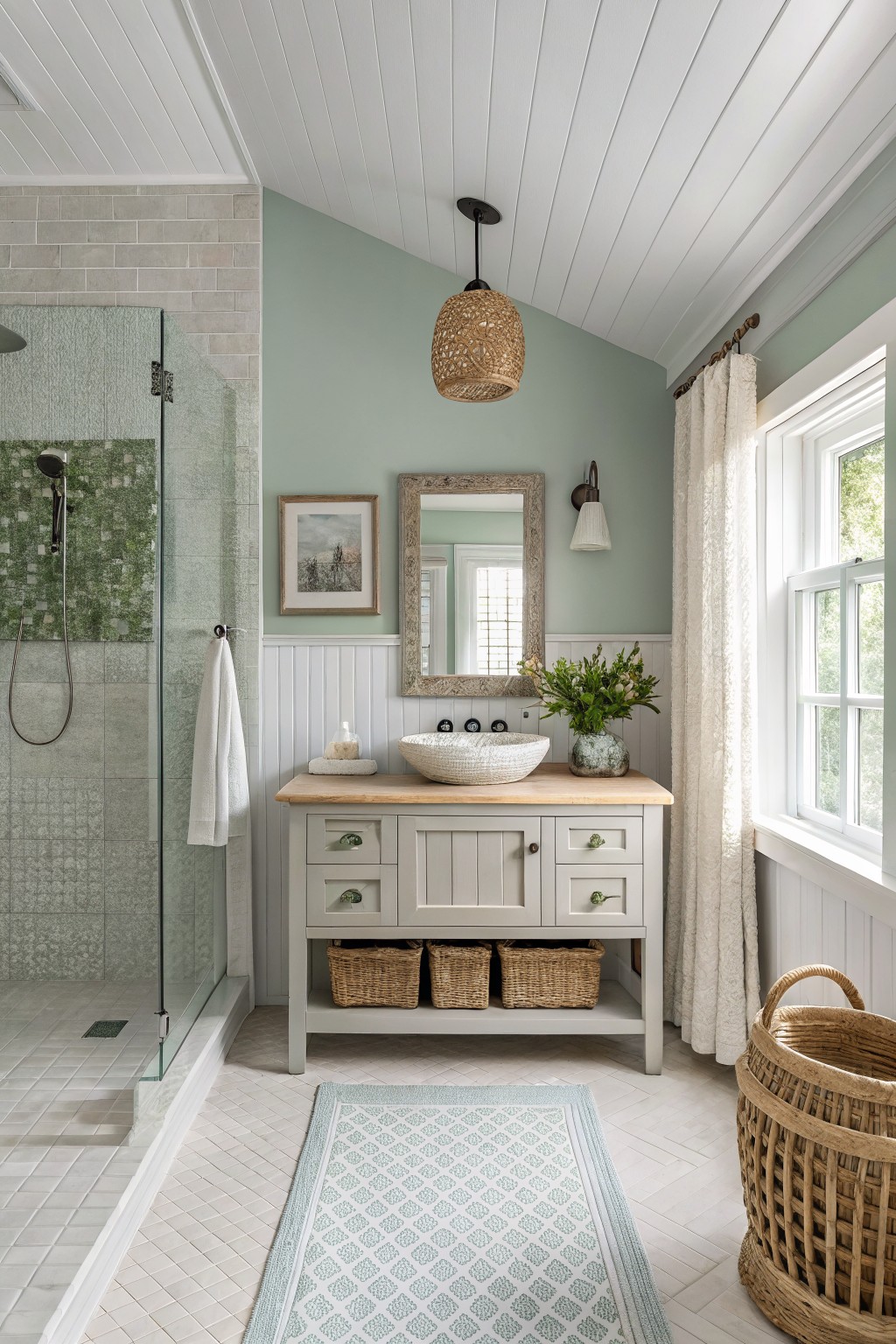 A bathroom with soft sage green walls above white beadboard and a wooden vanity.