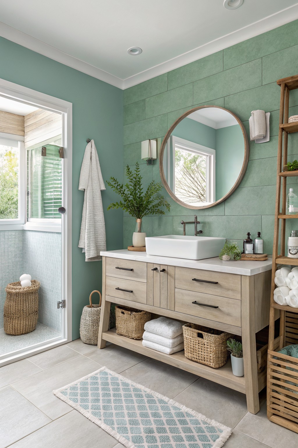 Bathroom walls painted in a soft sage green with a light wood vanity below.