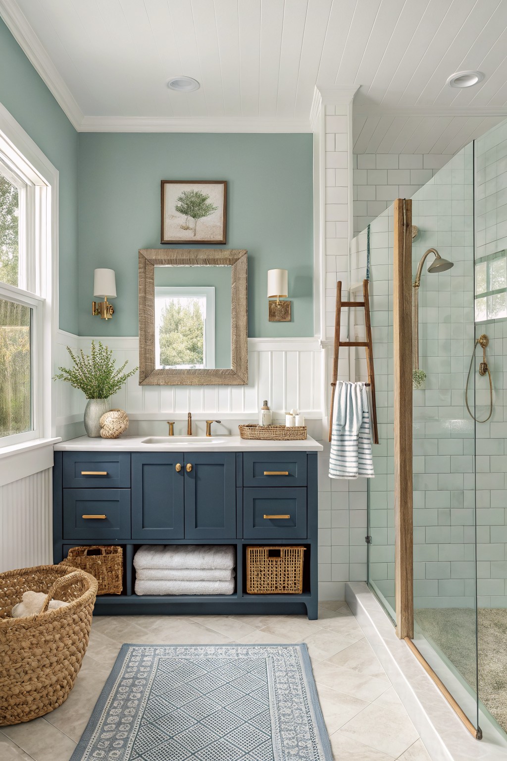 A bathroom with soft teal walls above white wainscoting and a navy vanity.