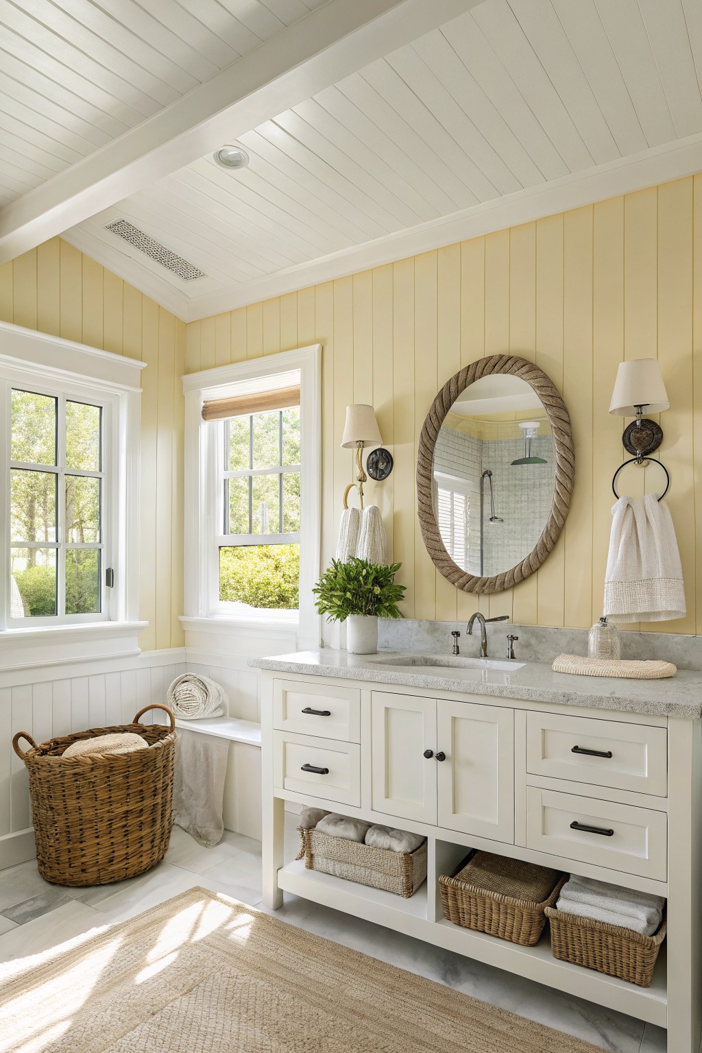 Yellow-walled bathroom with white marble vanity, rope-framed oval mirror, and wicker baskets.