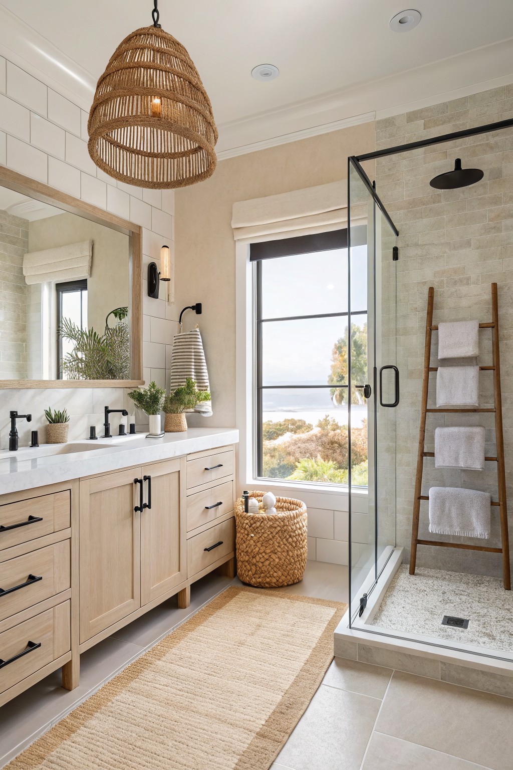A coastal bathroom with warm greige walls and a light wood vanity.
