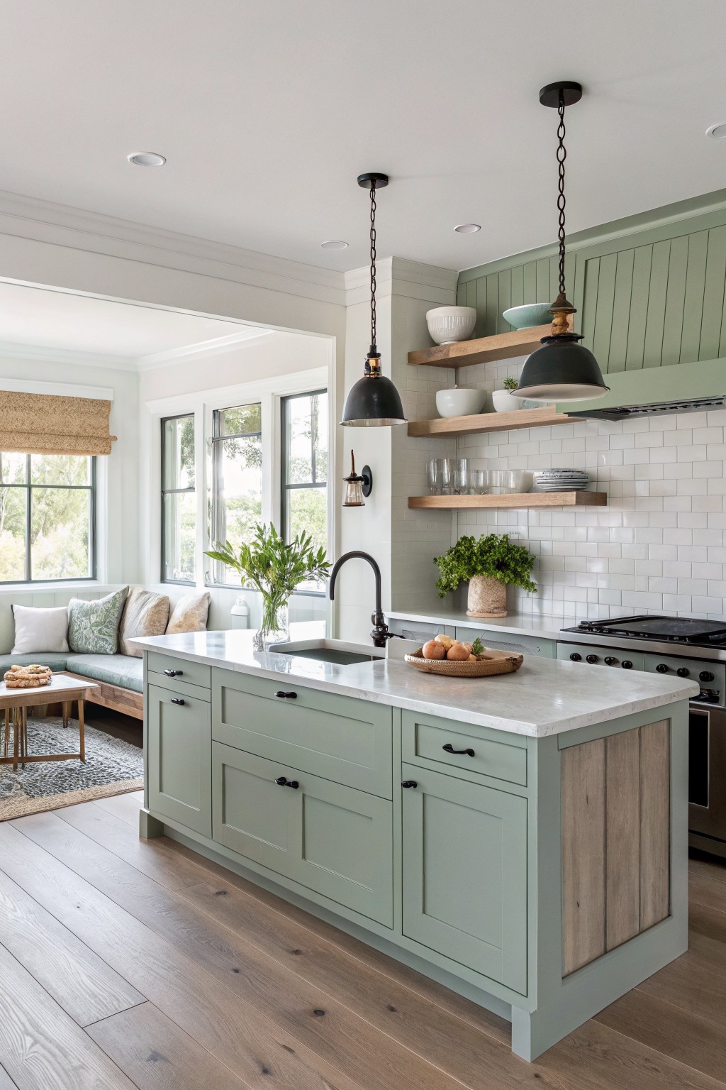 Kitchen with soft sage green cabinets and a white countertop island.