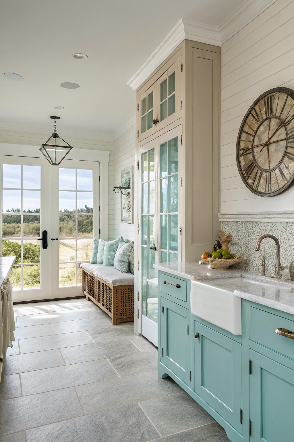 Lower cabinets painted in a soft aqua color next to a white farmhouse sink.