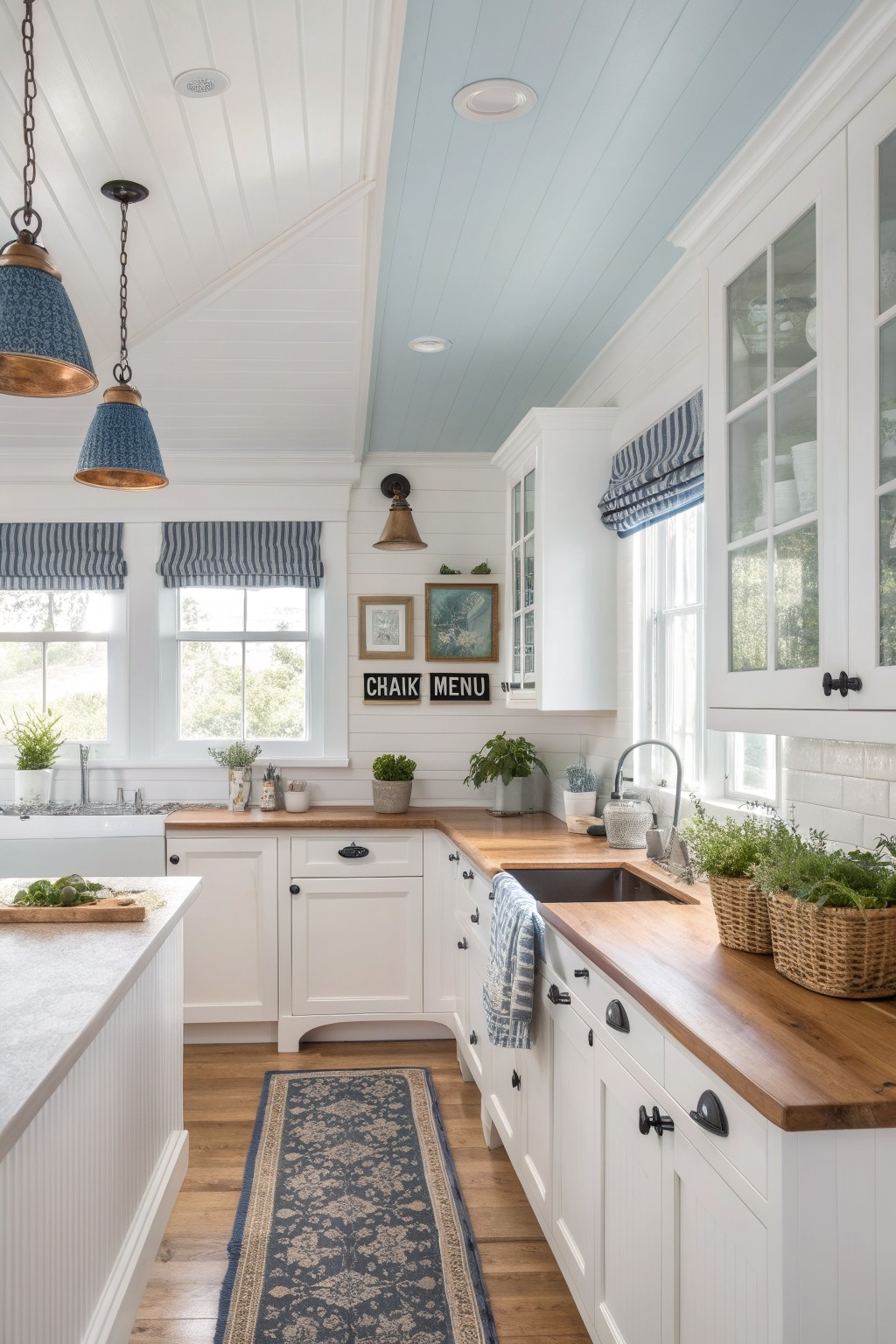A kitchen with a soft blue ceiling, white cabinets, and wood countertops.