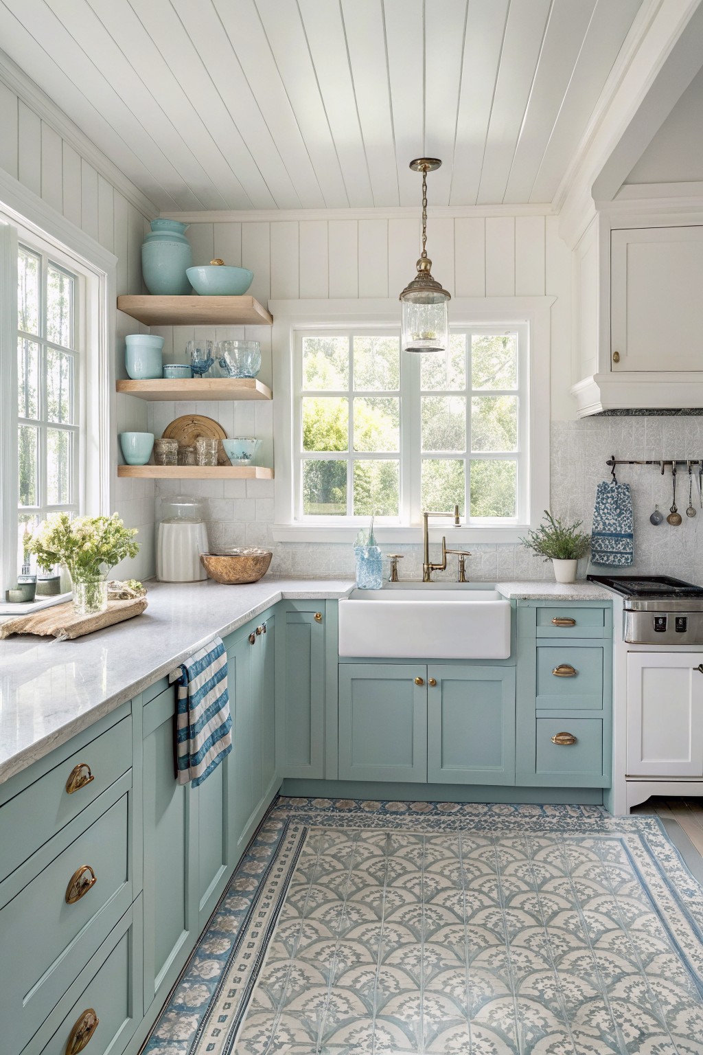 Soft blue green cabinets in a bright kitchen with white trim and marble counters.