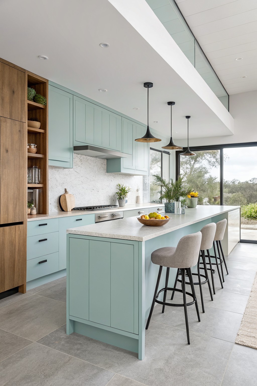 Modern kitchen with light teal cabinets, large island, bar stools, and pendant lights.
