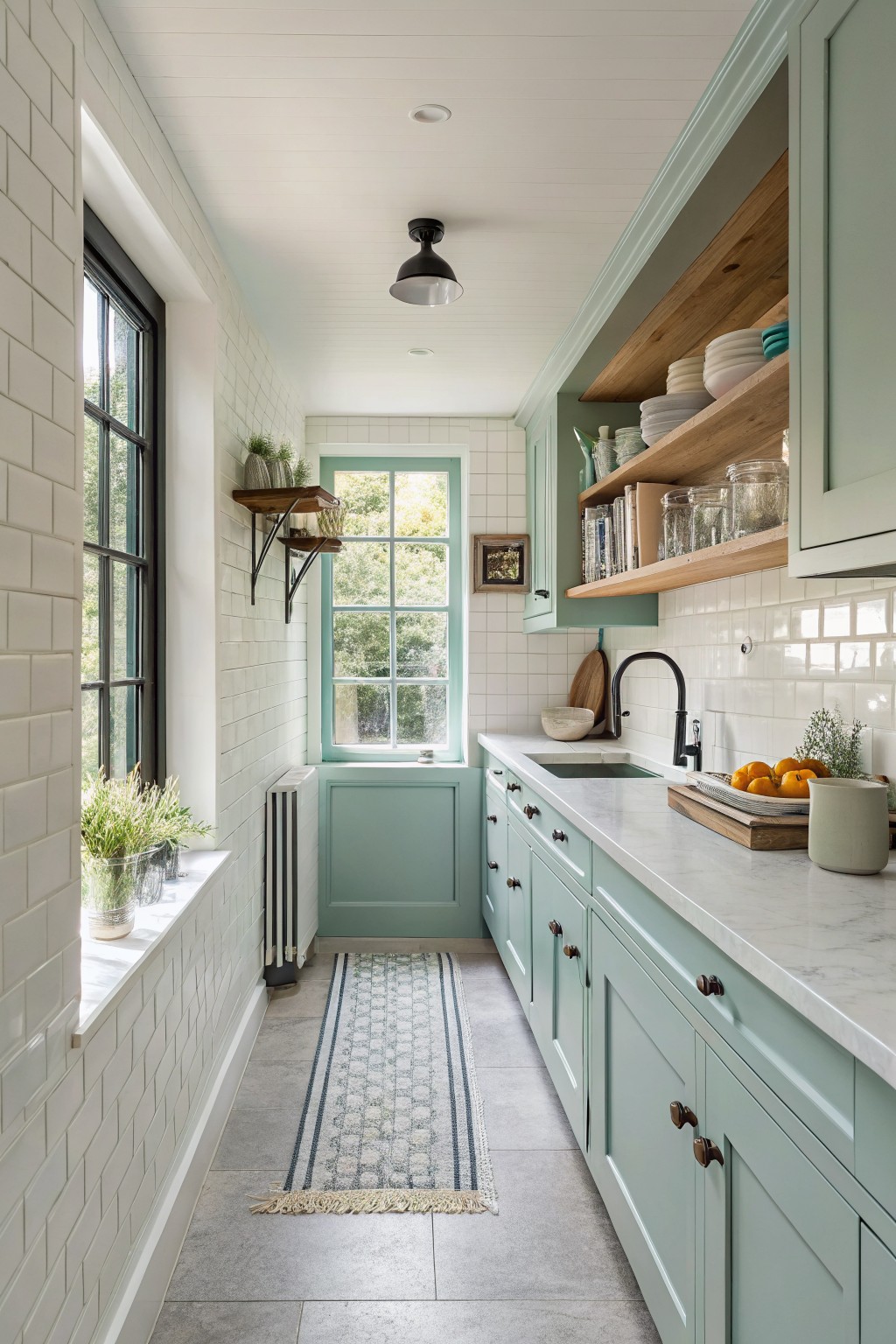 Soft green cabinets fill a narrow coastal kitchen with white tile and wood shelves.