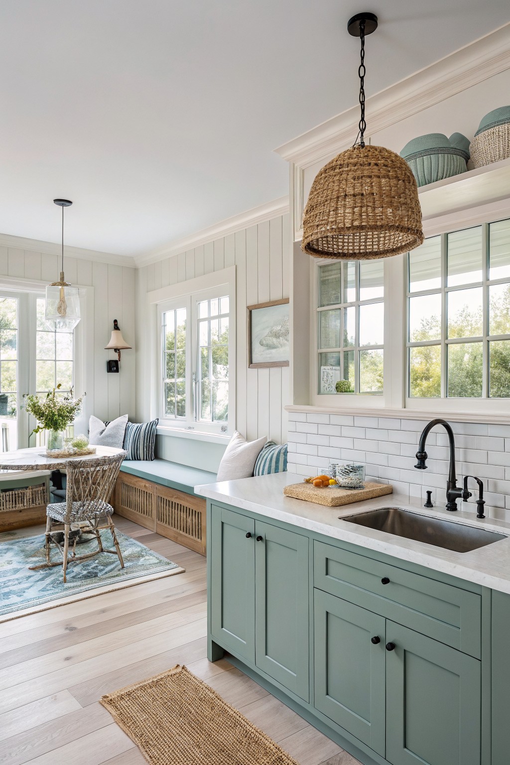 Coastal kitchen with sage green cabinets, marble counters, and woven pendant light