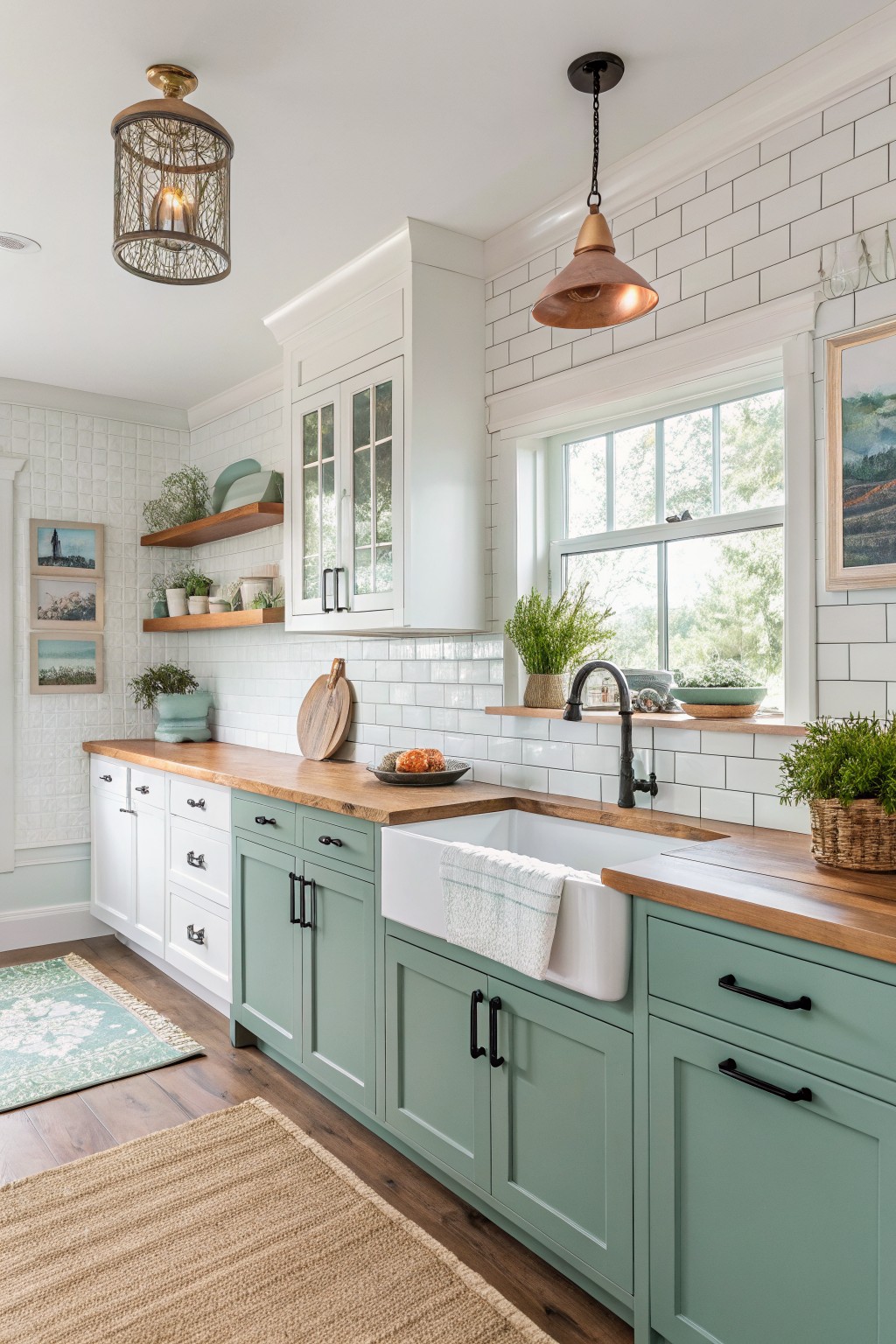 Farmhouse kitchen with sage green cabinets, white sink, and wooden countertops.