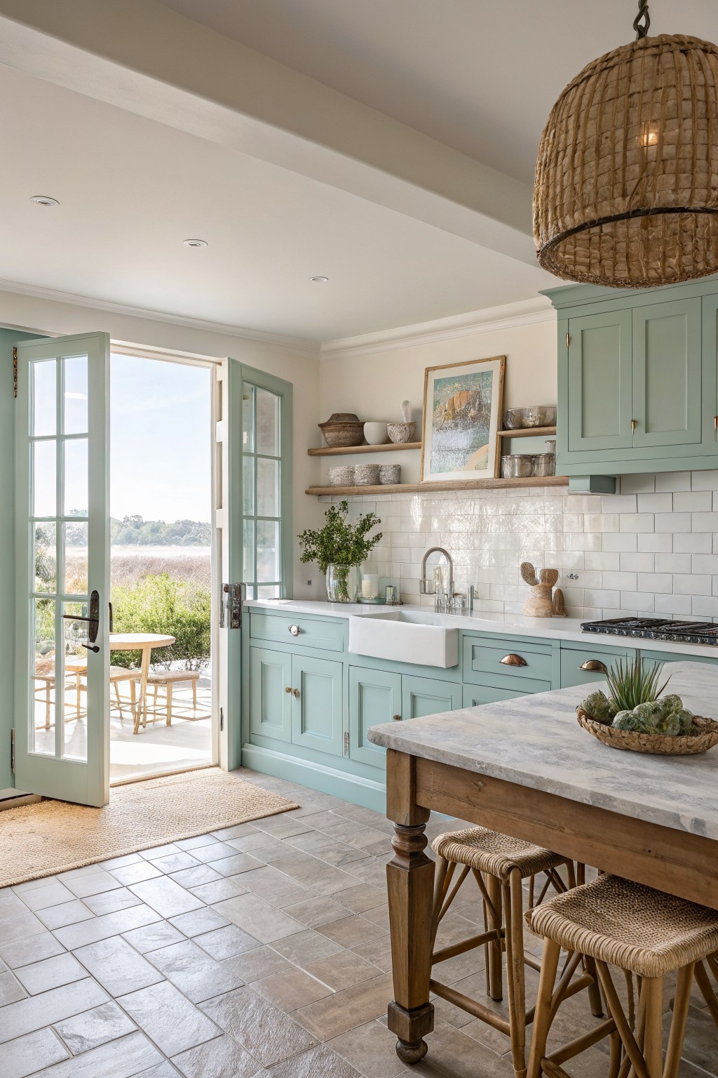 Light sage green cabinets in a coastal kitchen with white tile and wood island.