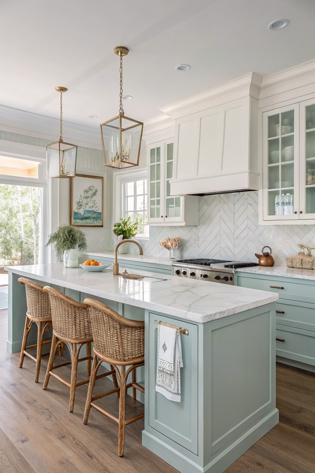 Spacious kitchen with sage green island, marble counters, and woven bar stools.