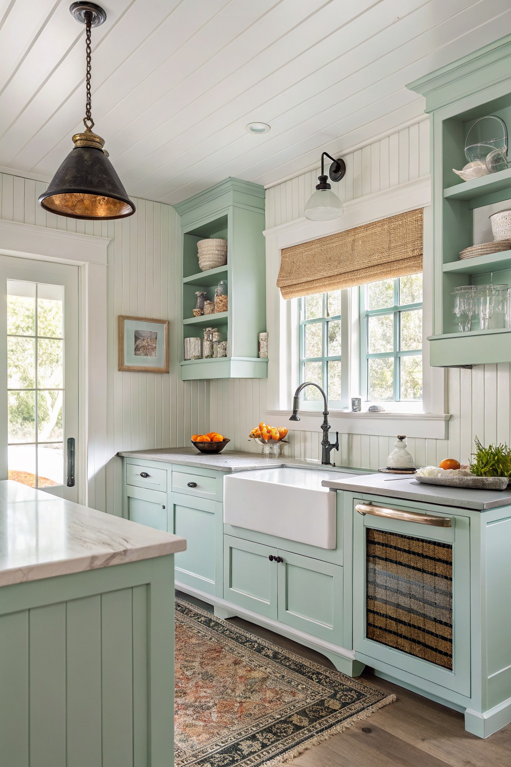 Kitchen cabinets painted in a soft sage green.