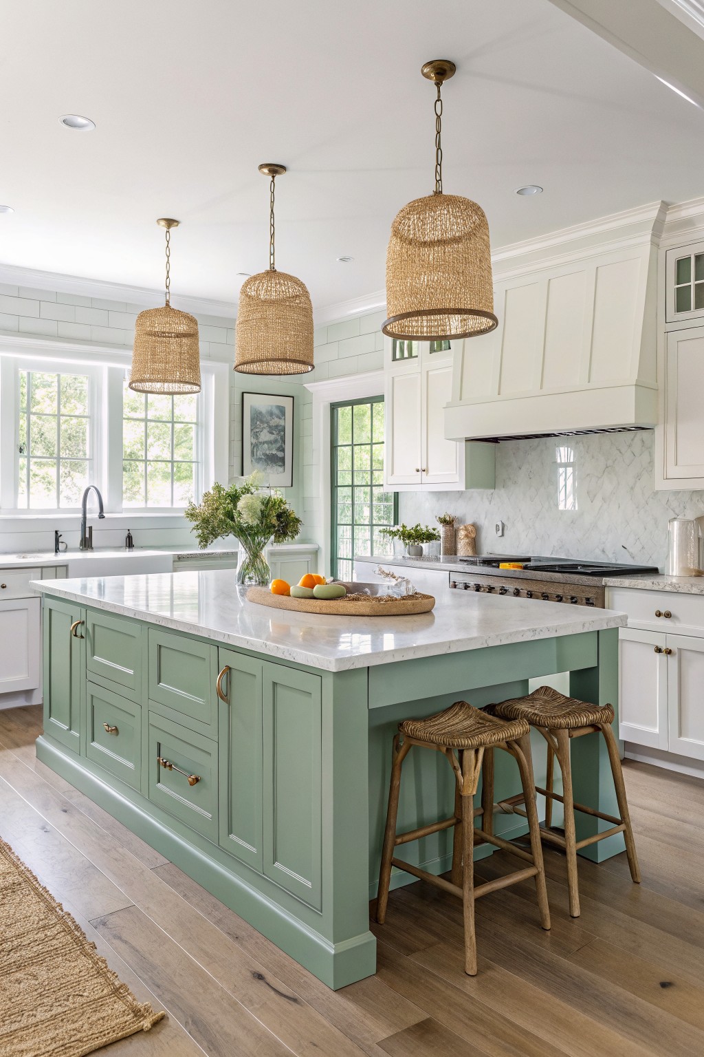 A kitchen island painted in soft sage green with white countertops and woven stools.