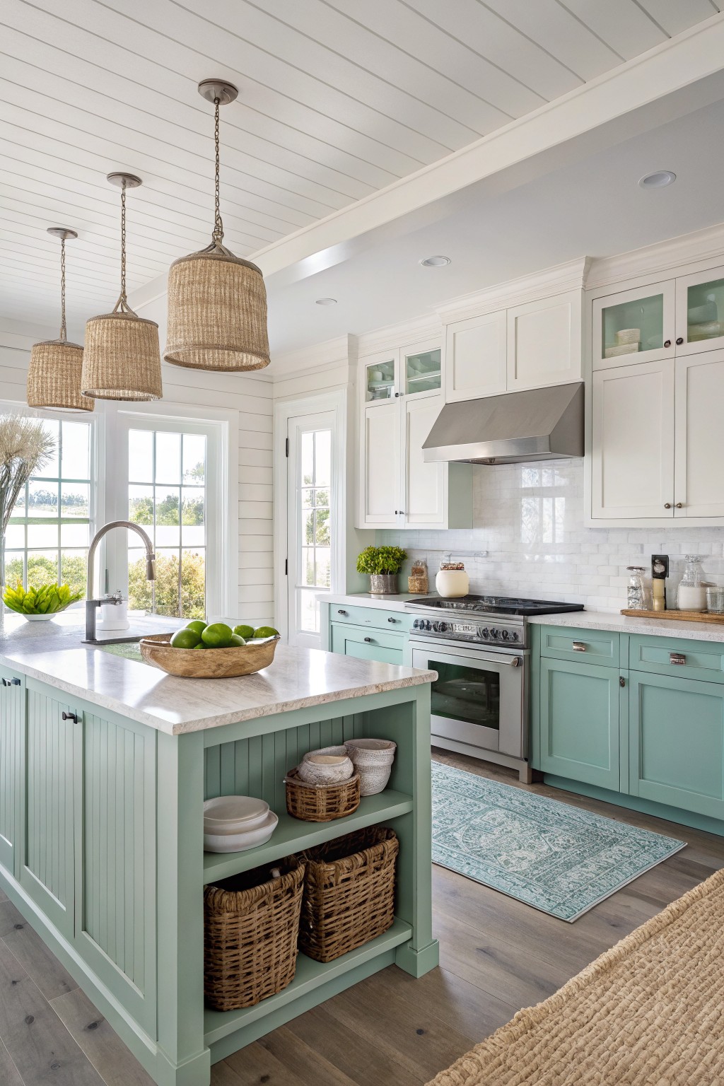 Soft seafoam green cabinets in a bright coastal kitchen with white walls and wood floors.