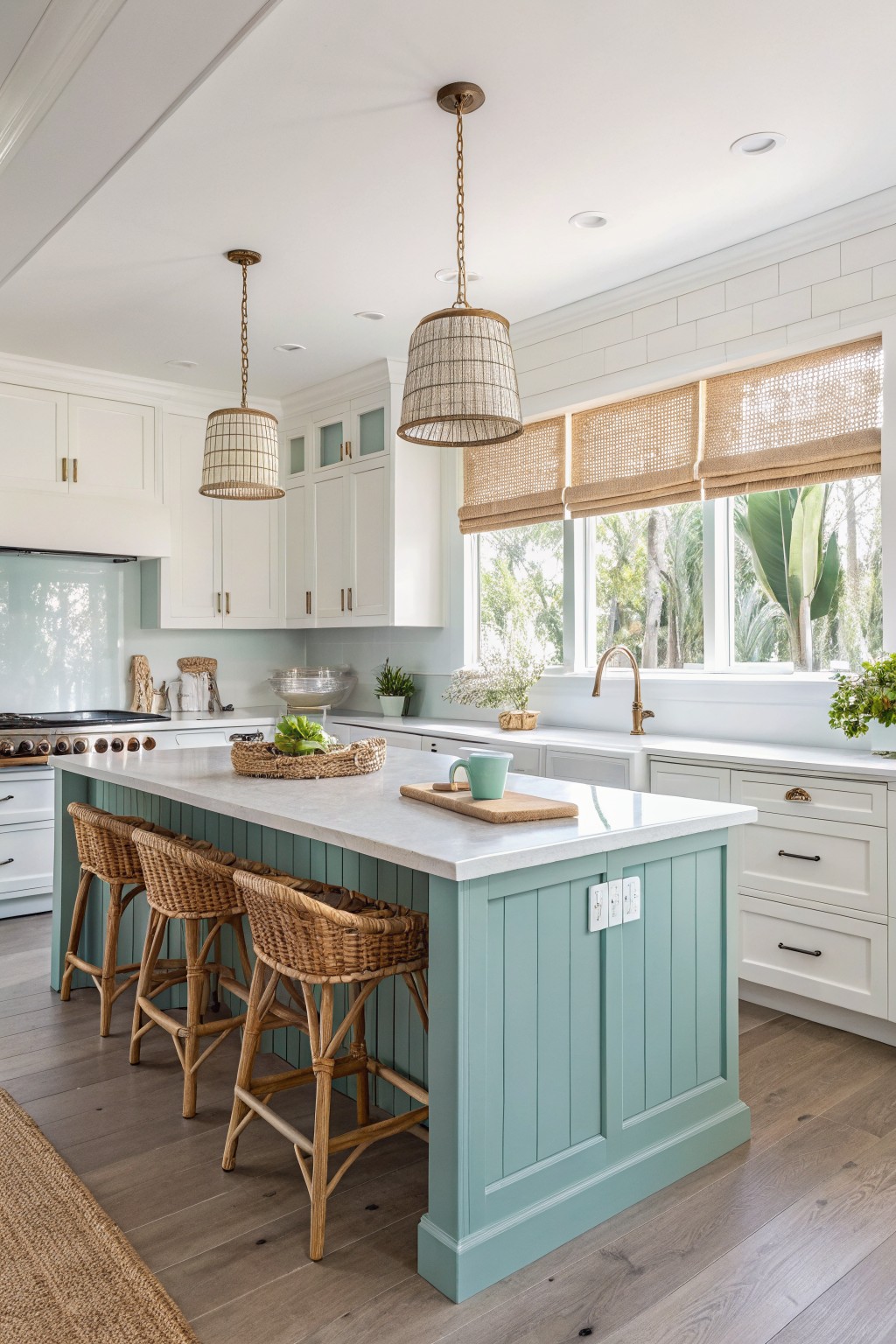 A kitchen island painted in soft teal with white cabinets and woven stools.