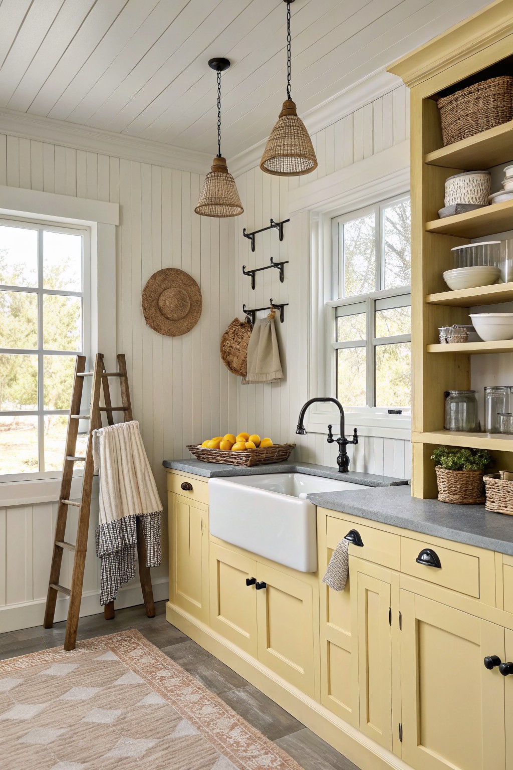 Pale yellow cabinets line a coastal kitchen with white walls and gray stone counters.