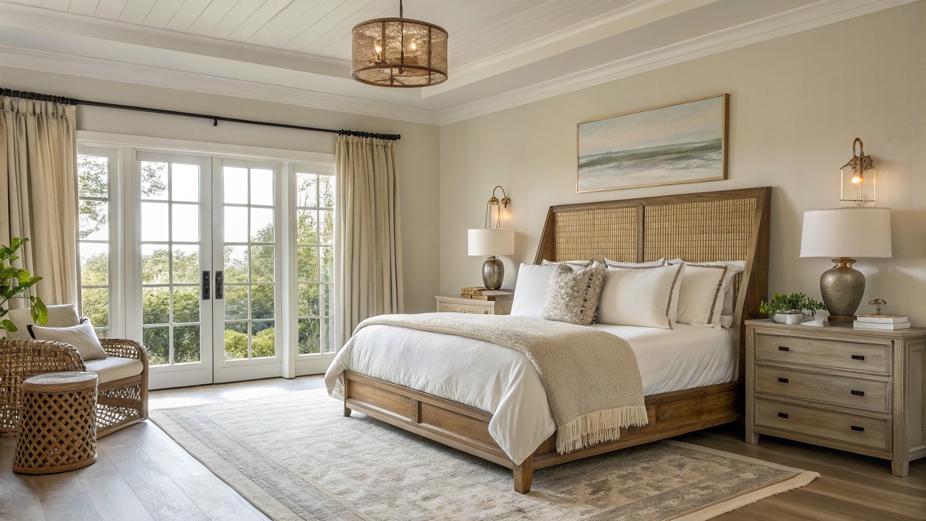 A bedroom with soft warm white walls and wood furniture.
