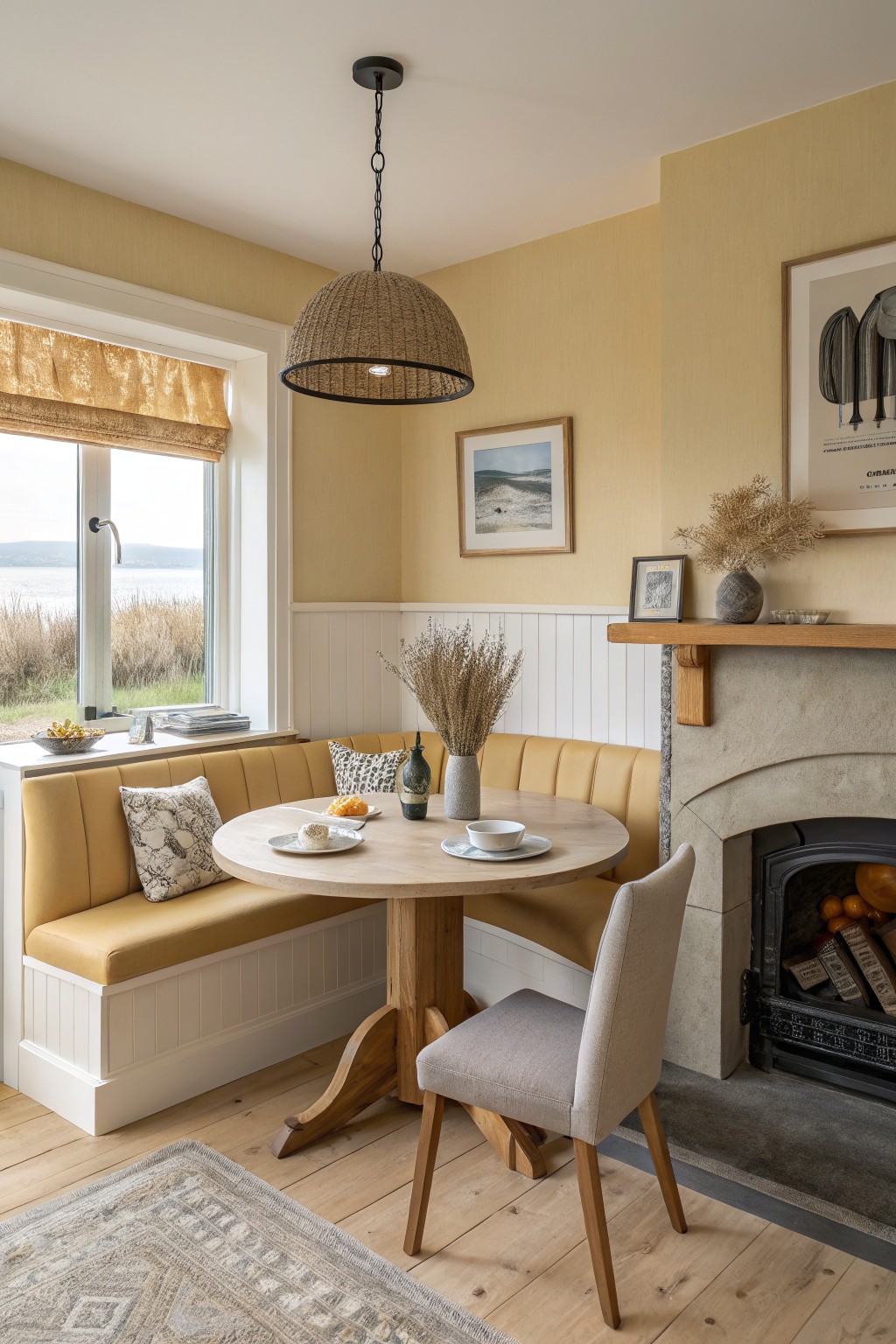 A corner dining area with soft golden beige walls above white wainscoting.
