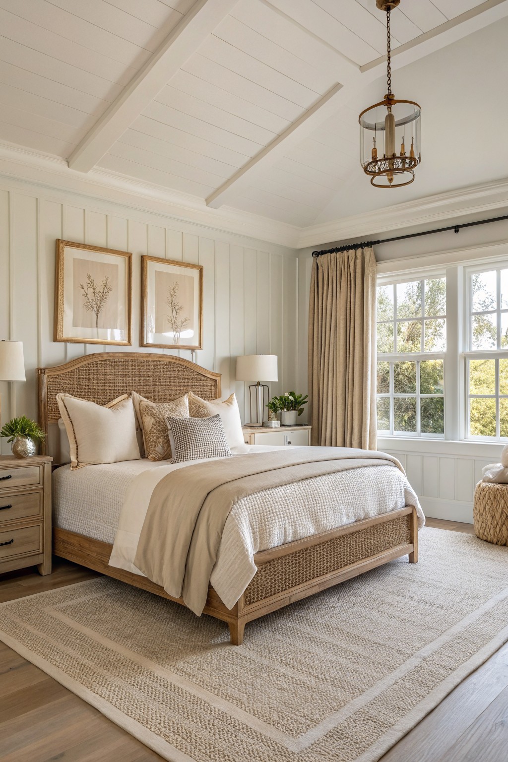 A bedroom with soft warm white walls and wood furniture.